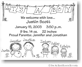 Pen At Hand Stick Figures - Birth Announcements - Clothesline (b/w)